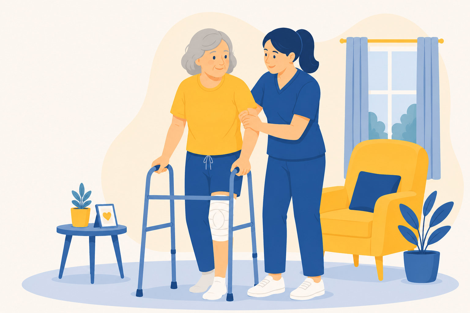 Ilustración de una fisioterapeuta ayudando a una persona mayor a caminar con andador tras una operación, servicio de recuperación postoperatoria a domicilio