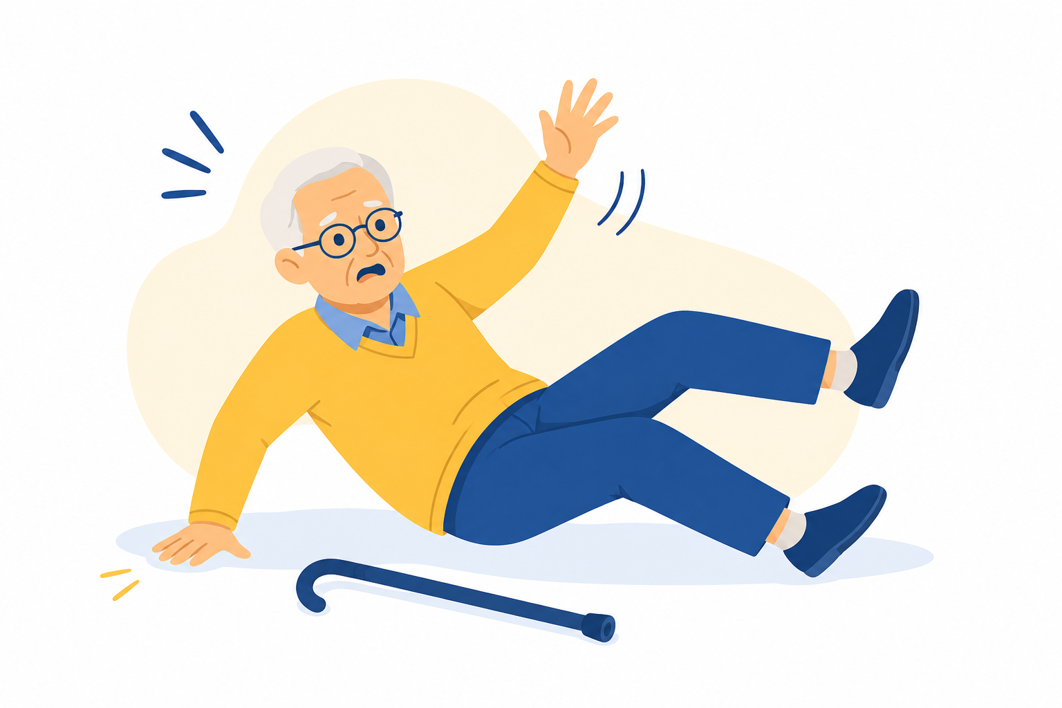 Ilustración de una persona mayor perdiendo el equilibrio, representando la importancia de la prevención de caídas con fisioterapia